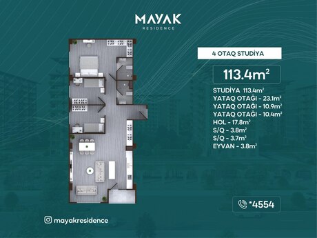 4 otaqlı mənzil, 113 m², Mayak Residence: 238 140 ₼ 2