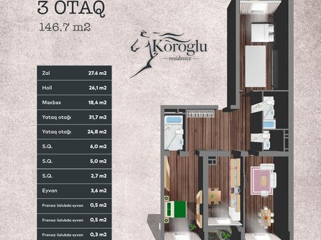 3 otaqlı yeni tikili - Nəsimi r. - 146.7 m²