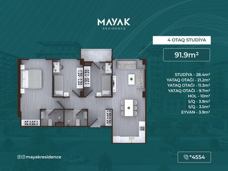 4 otaqlı mənzil, 91,9 m², Mayak Residence: 192 990 ₼ 2