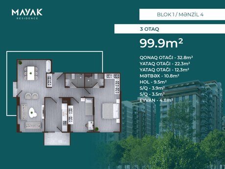 3 otaqlı mənzil, 99,9 m², Mayak Residence: 244 755 ₼ 2