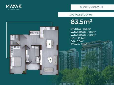 3-room apartment, 83,5 m², Mayak Residence: 204 575 ₼ 2