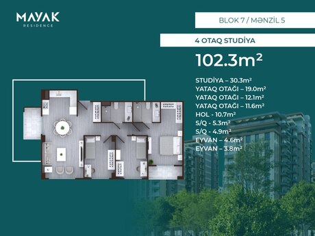 4 otaqlı mənzil, 102 m², Mayak Residence: 225 060 ₼ 2