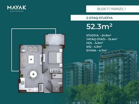 2 otaqlı mənzil, 52,3 m², Mayak Residence: 115 060 ₼ 2