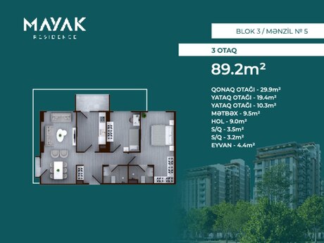 3-room apartment, 89,2 m², Mayak Residence: 218 540 ₼ 2