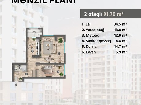 2-комн. новостройка - Сумгаит - 91.7 м²