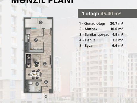 1 otaqlı yeni tikili - Sumqayıt - 45.4 m²