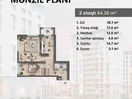 2 otaqlı yeni tikili - Sumqayıt - 84.3 m²