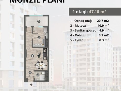 1 otaqlı yeni tikili - Sumqayıt - 47.1 m²
