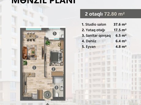 2 otaqlı yeni tikili - Sumqayıt - 72.8 m²
