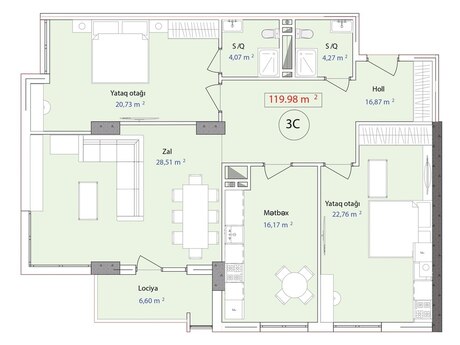 3 otaqlı yeni tikili - 7-ci mikrorayon q. - 119.9 m²