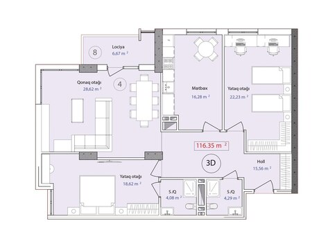 3 otaqlı yeni tikili - 7-ci mikrorayon q. - 116.3 m²