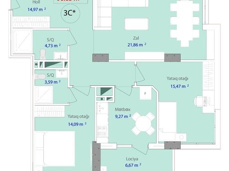 3 otaqlı yeni tikili - 7-ci mikrorayon q. - 90.6 m²