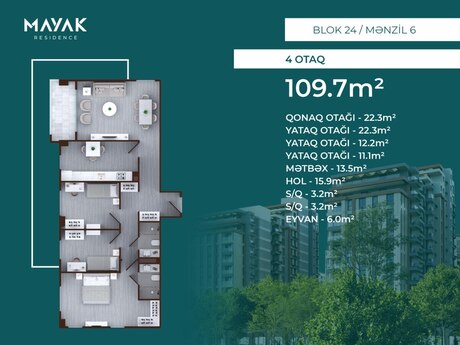 4 otaqlı mənzil, 110 m², Mayak Residence: 285 220 ₼ 2
