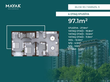 4 otaqlı mənzil, 97,1 m², Mayak Residence: 213 620 ₼ 2