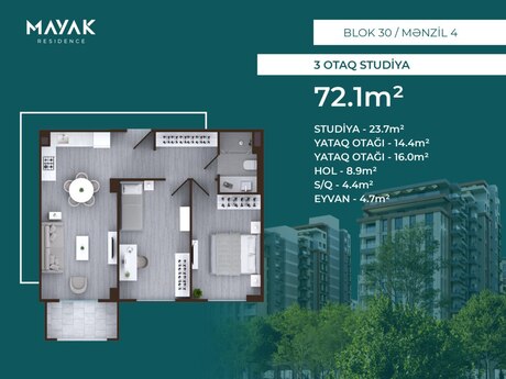 3-room apartment, 72,1 m², Mayak Residence: 158 620 ₼ 2