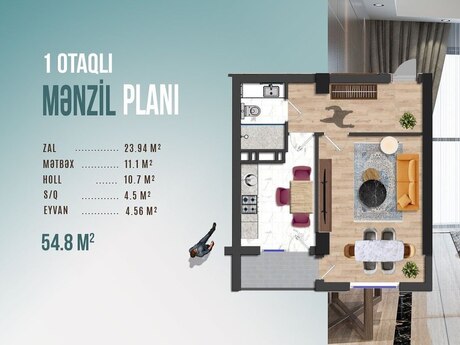 1 otaqlı yeni tikili - Binəqədi q. - 54.8 m²