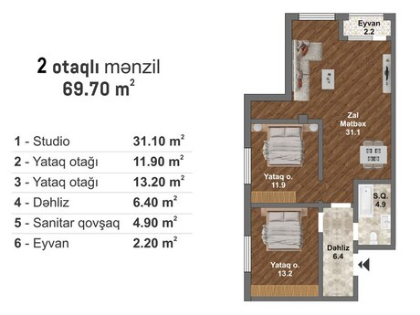 3 otaqlı mənzil, 69,7 m², Bakı Müasir Yaşayış Kompleksi: 94 095 ₼ 5
