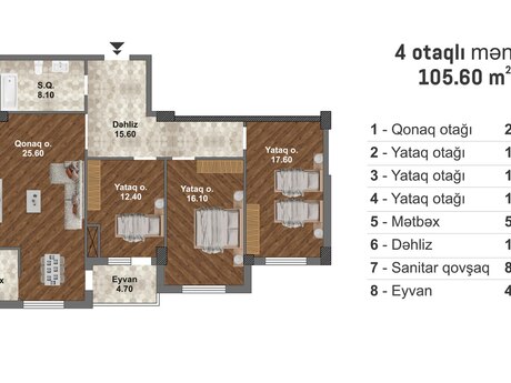 4 otaqlı yeni tikili - Məmmədli q. - 105.6 m²