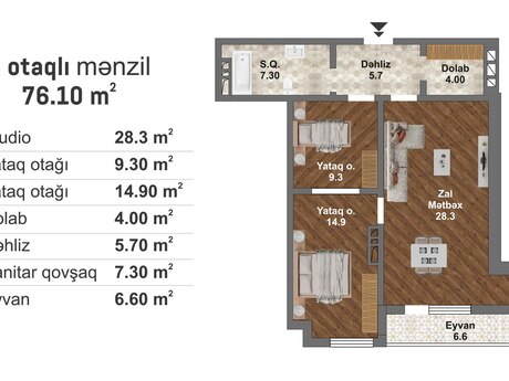 3 otaqlı yeni tikili - Məmmədli q. - 76.1 m²