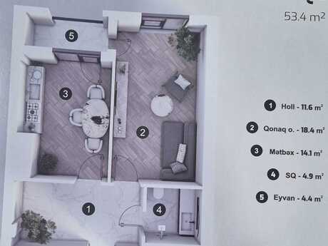 1-room apartment, 53,4 m², Marbel Residence: 145 000 ₼ 5