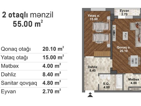 1 otaqlı yeni tikili - Məmmədli q. - 55 m²
