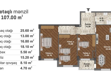 4 otaqlı yeni tikili - Məmmədli q. - 107 m²