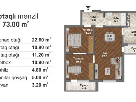 3 otaqlı yeni tikili - Məmmədli q. - 73 m²