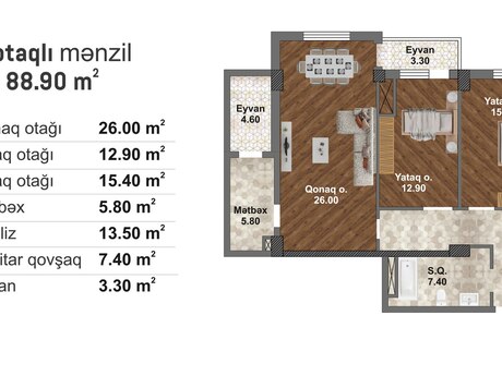 3 otaqlı yeni tikili - Məmmədli q. - 88.9 m²