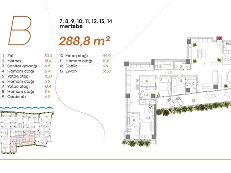 4 otaqlı yeni tikili - Bayıl q. - 288.8 m²