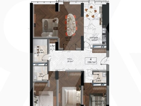 4 otaqlı yeni tikili - Şah İsmayıl Xətai m. - 159.1 m²