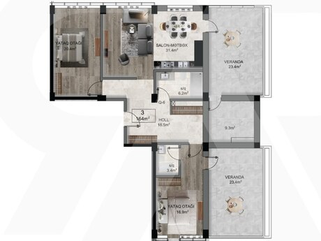 3 otaqlı yeni tikili - Şah İsmayıl Xətai m. - 164 m²