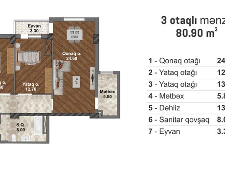 3-комн. новостройка - пос. Мамедли - 80.9 м²
