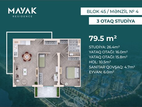 3-room apartment, 79,5 m², Mayak Residence: 159 000 ₼ 2
