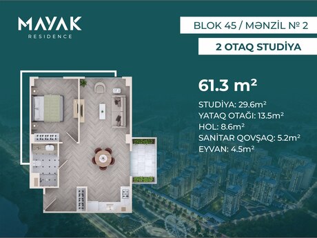 2 otaqlı mənzil, 61,3 m², Mayak Residence: 119 535 ₼ 2
