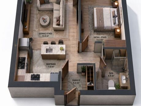 1 otaqlı yeni tikili - Ağ şəhər q. - 50 m²