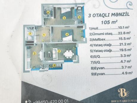 3 otaqlı yeni tikili - Şah İsmayıl Xətai m. - 106 m²