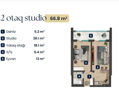 1 otaqlı yeni tikili - Binəqədi r. - 66.8 m²