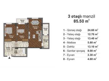 3 otaqlı yeni tikili - Məmmədli q. - 85.5 m²