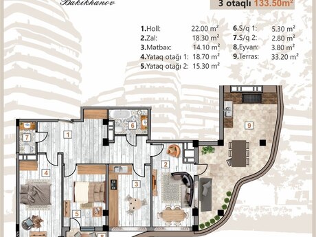 3-комн. новостройка - пос. Бакиханова - 135.5 м²