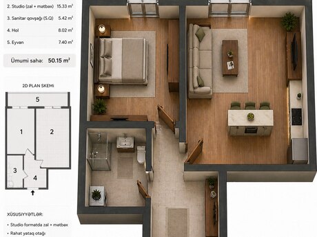 1 otaqlı yeni tikili - Binəqədi q. - 50.1 m²