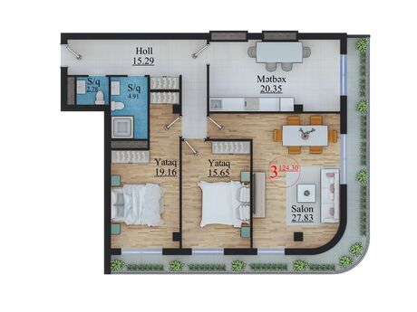 3 otaqlı yeni tikili - Nəsimi r. - 126 m²