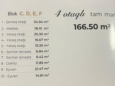 4 otaqlı yeni tikili - Biləcəri q. - 166.5 m²