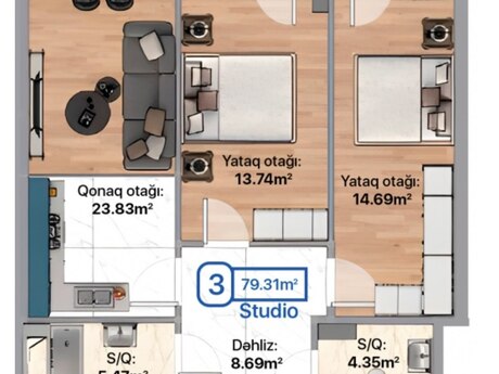 2-комн. новостройка - Хырдалан - 80 м²