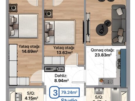 2-комн. новостройка - Хырдалан - 80 м²