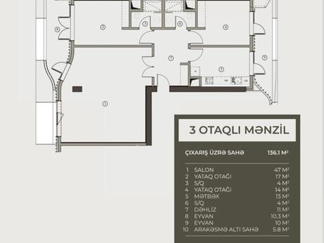 3 otaqlı yeni tikili - Ağ şəhər q. - 136.1 m²