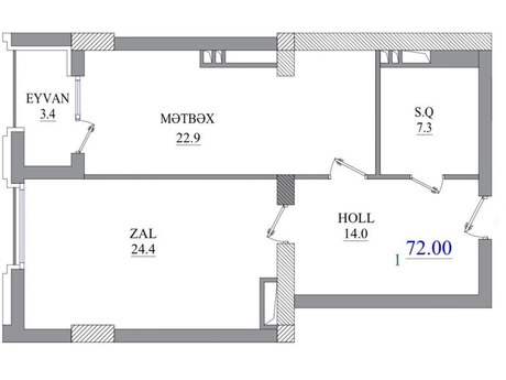 1-комн. новостройка - м. Низами - 72 м²