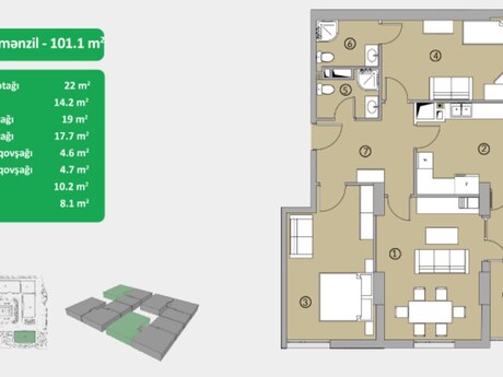 3-room apartment, 101 m², Çinarlı Park: 237 000 ₼ 5
