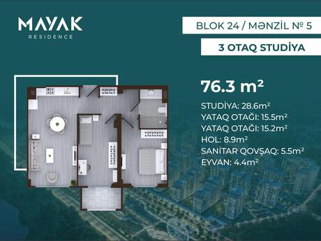 3-room apartment, 76,3 m², Mayak Residence: 198 380 ₼ 2