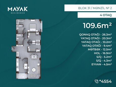 4 otaqlı mənzil, 110 m², Mayak Residence: 274 000 ₼ 2