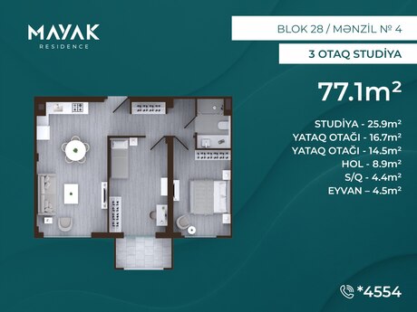 3-комнатная квартира, 77,1 м², Mayak Residence: 177 330 ₼ 2